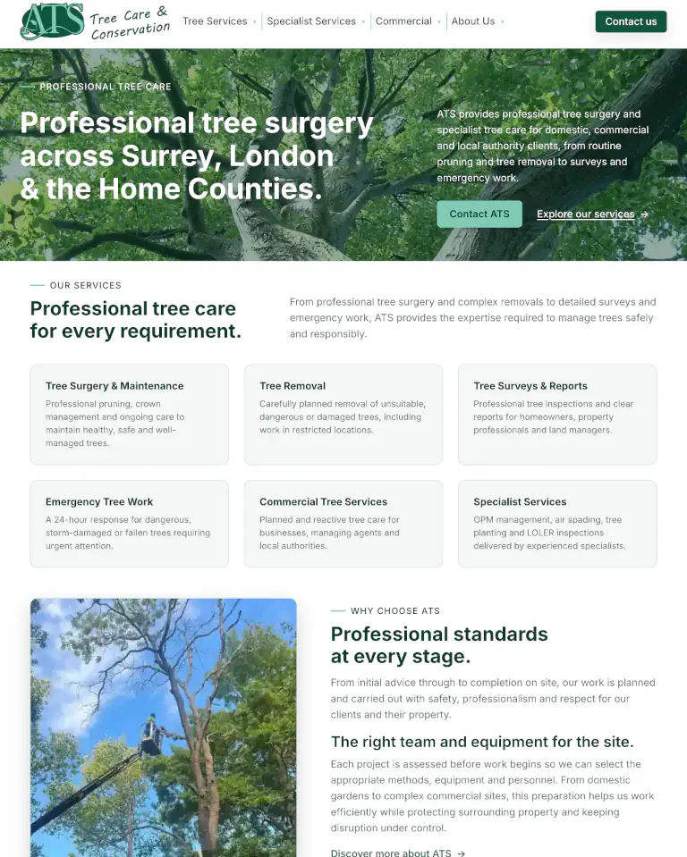 Website design project for Advanced Tree Services, showing its tree care services.